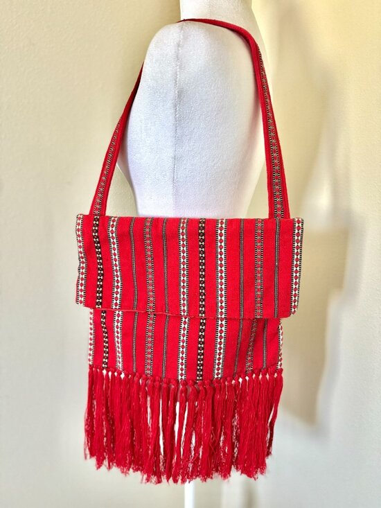 Handbags - Vintage Mid Century Handmade Shoulder Bag In Red With Fringe Detail And Satin